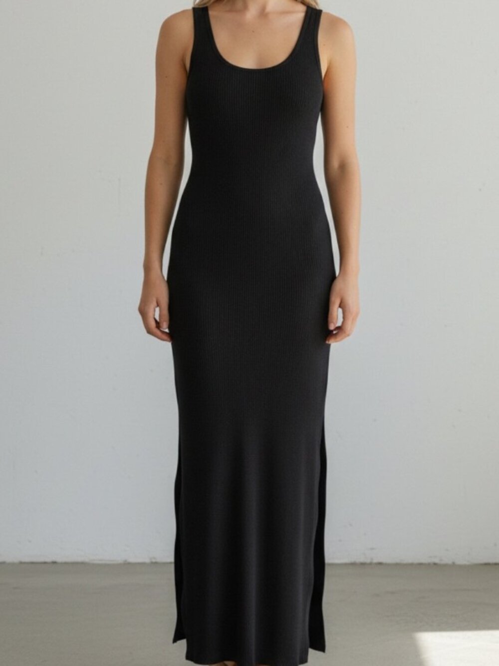 Vintage Blue 90s Rib Knit Maxi Dress Side Slits Black Sheath Tank Size 8 M